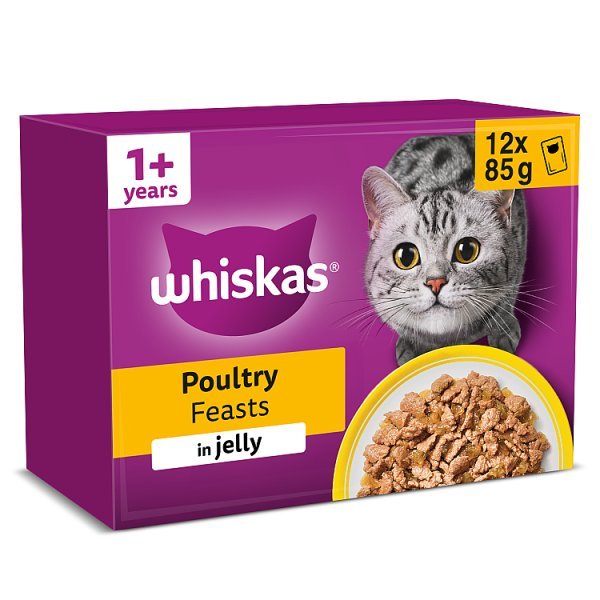 WHISKAS 1+ POULTRY Feasts Wet Cat Food Pouches in Jelly 12 x 85g (Case of 4) - Honesty Sales