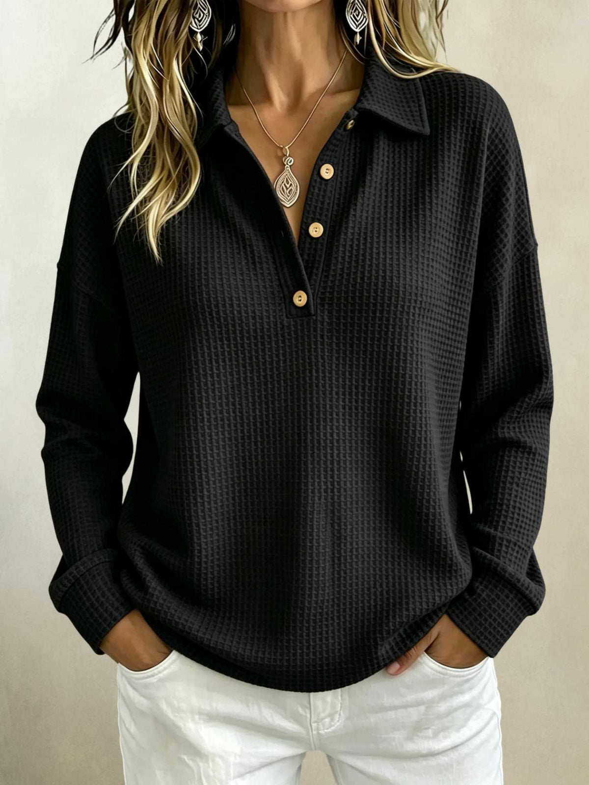Womens Loose-fitting Long-sleeve Top With A Button-down Collar - Honesty Sales