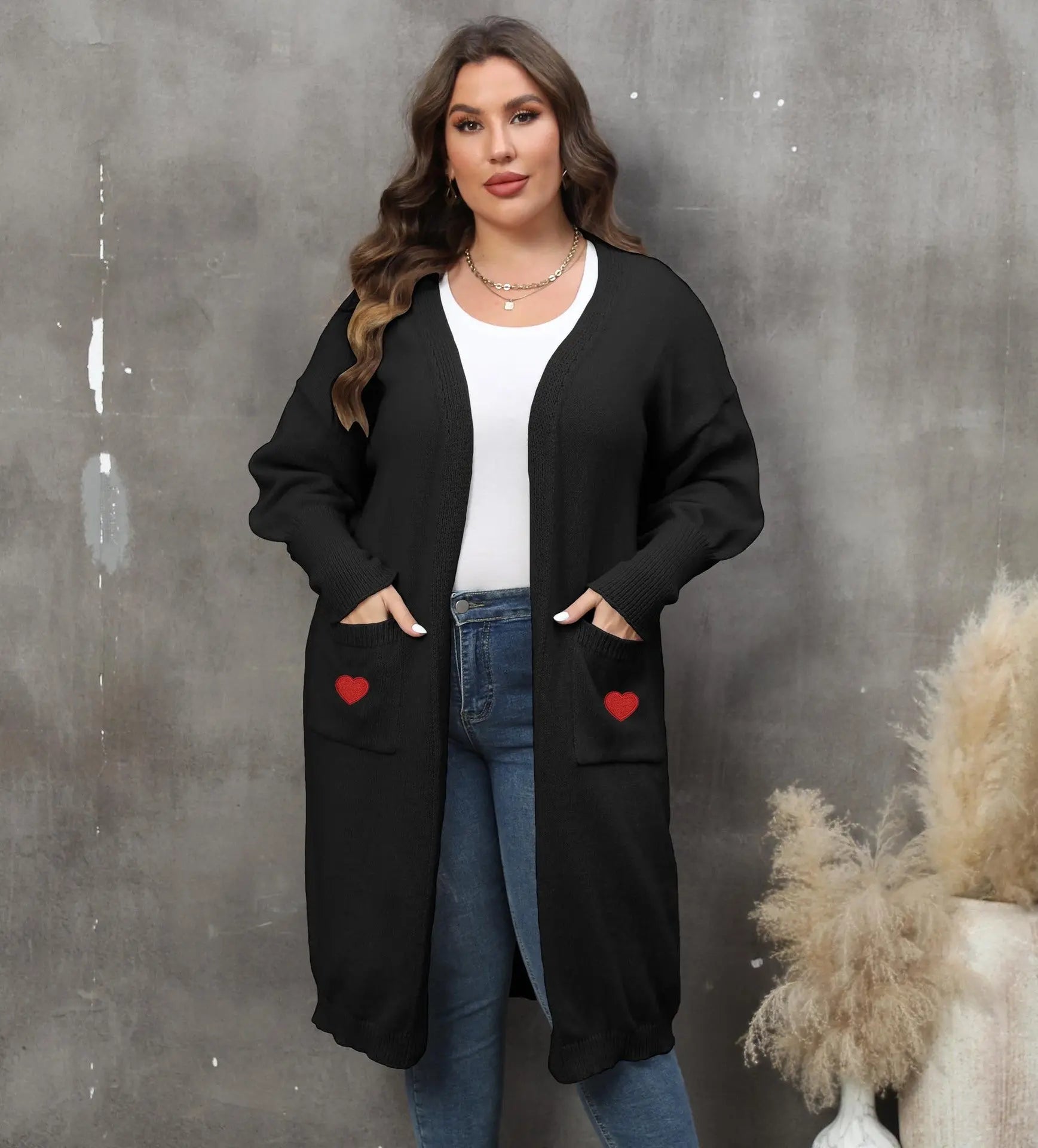 Women's Plus Size Mid - length Woven Love Double Pocket Lantern Sleeve Sweater Cardigan - Honesty Sales