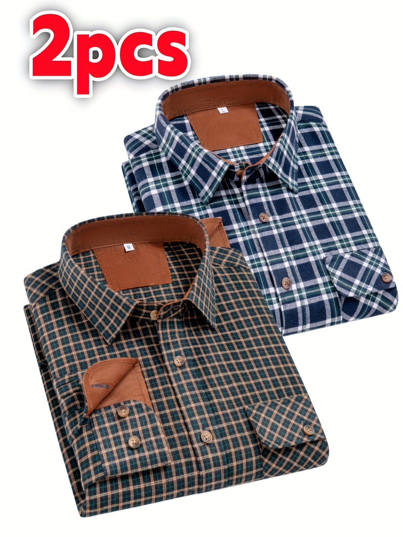 2-Pack Men’s Flannel Brushed Plaid Shirts – Long Sleeve, Thick Casual Autumn/Winter Wear Image secondaire du produit