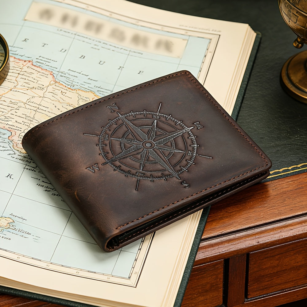 Men’s Genuine Crazy Horse Leather Clutch Wallet – Vintage Compass Design, Top-Grain Cowhide Bi-Fold Card Holder Image principale du produit
