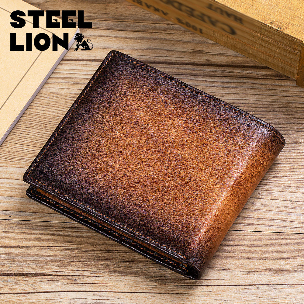 STEELLION Men’s Vintage Genuine Leather Tri-Fold Wallet – RFID Blocking, Ultra-Thin with ID Window & Zipper Coin Pocket