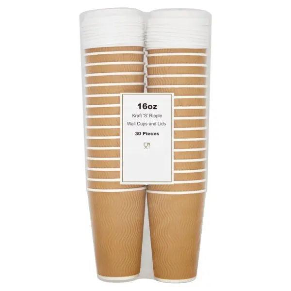 16oz Kraft S Ripple Wall Cups and Lids 30 Pieces - Honesty Sales
