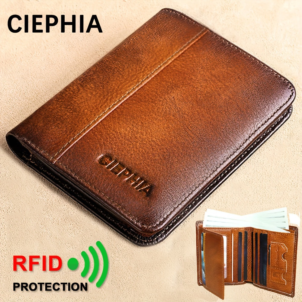 Men’s Genuine Leather Folding Wallet – Anti-Theft Design with ID Window, Deep Cash Compartment & Multi-Card Slots Image principale du produit