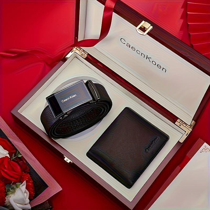 2 - Piece Men’s Set – Genuine Leather Wallet & Customizable Automatic Buckle Belt, Solid Color Gift Set - Honesty Sales
