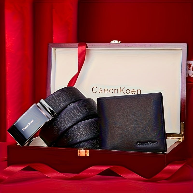 2 - Piece Men’s Set – Genuine Leather Wallet & Customizable Automatic Buckle Belt, Solid Color Gift Set - Honesty Sales