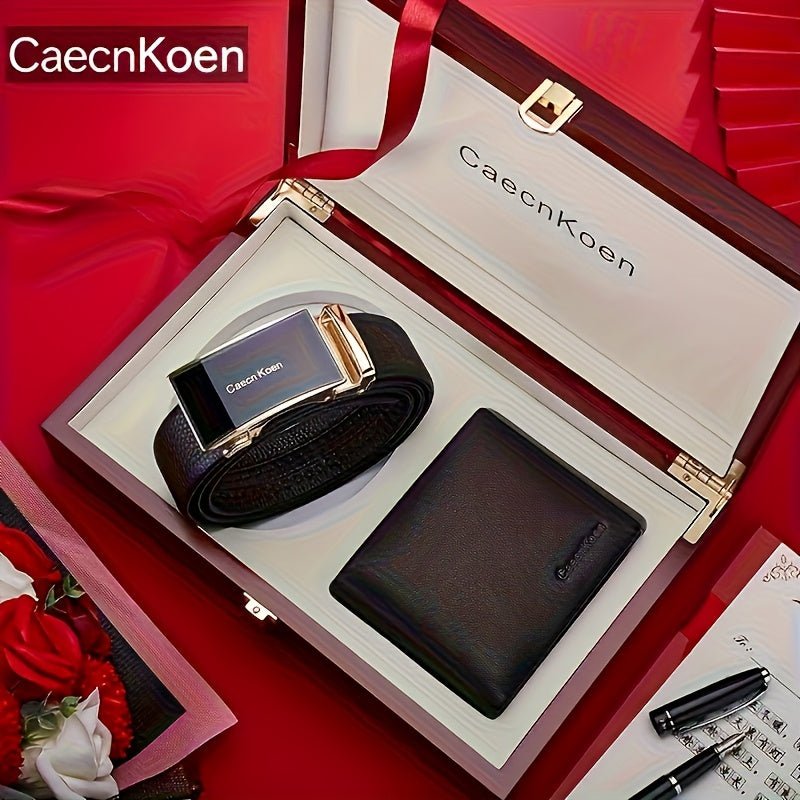 2 - Piece Men’s Set – Genuine Leather Wallet & Customizable Automatic Buckle Belt, Solid Color Gift Set - Honesty Sales