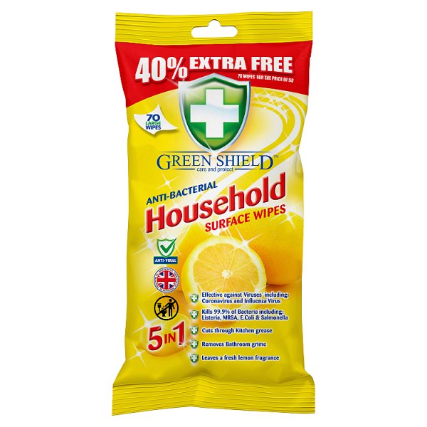 Green Shield Anti-Bacterial Household Surface Wipes 70 Large Wipes (1 x 70pk)