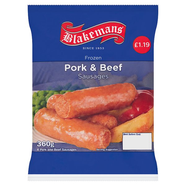 Blakemans 8 Frozen Pork & Beef Sausages 360g (1 x 360g)