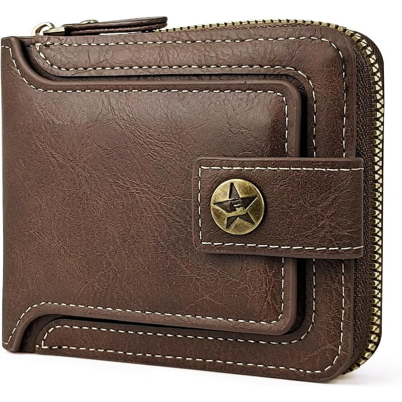 Men’s Vintage Full-Grain Leather Wallet – Large-Capacity Multi-Slot Organizer with Coin Pocket & ID Window (Brown, Elegant Design) Image principale du produit