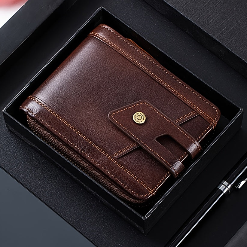 Men’s Vintage Top-Grain Cowhide Leather Wallet – Multi-Functional Zipper Coin & Card Holder, Large-Capacity Clutch Bag Image principale du produit