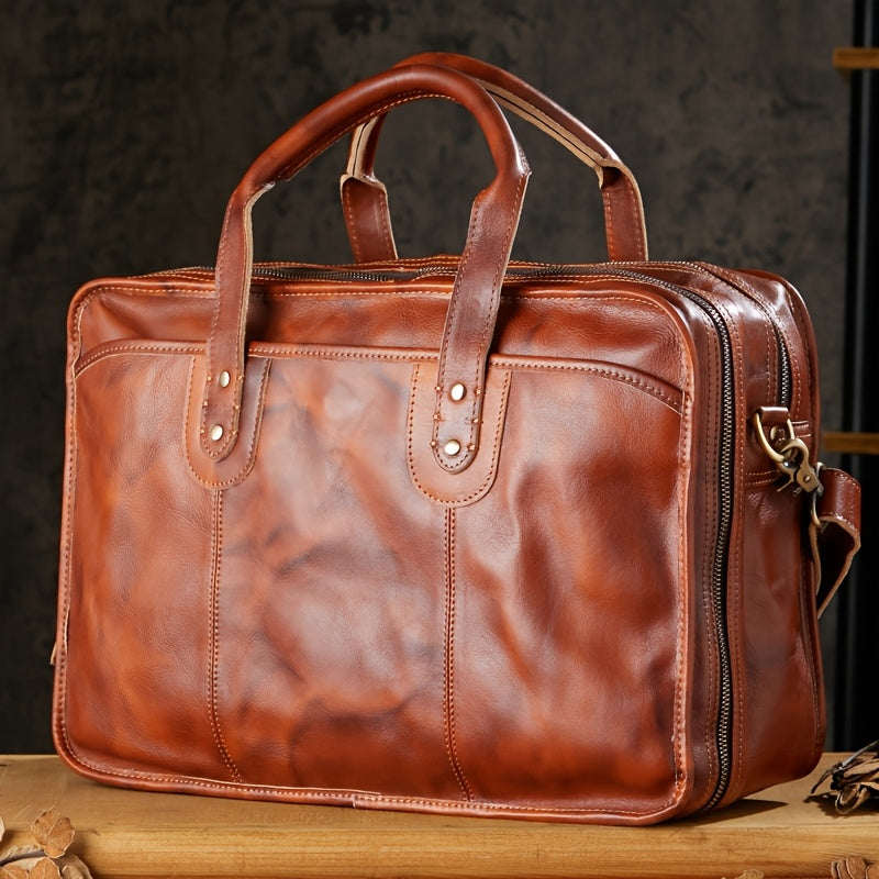 Men’s Genuine Full-Grain Leather Handbag – Hand-Colored Vintage Cowhide Laptop Briefcase (Light Beige) Image principale du produit