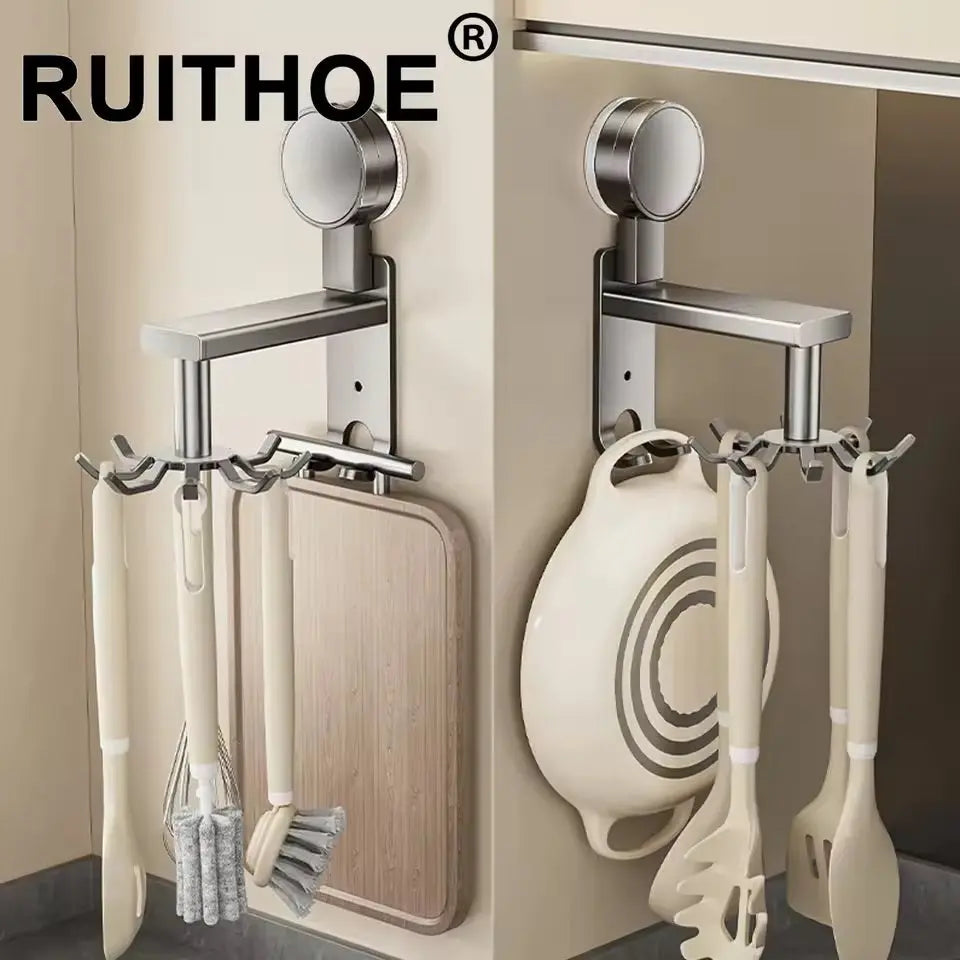 360° Swivel Wall Hangers Kitchen 10 Piece Hooks Rack No-Punching Kitchen Utensils Shovel Chopping Board Storage Stainless Steel  Honesty Sales U.K