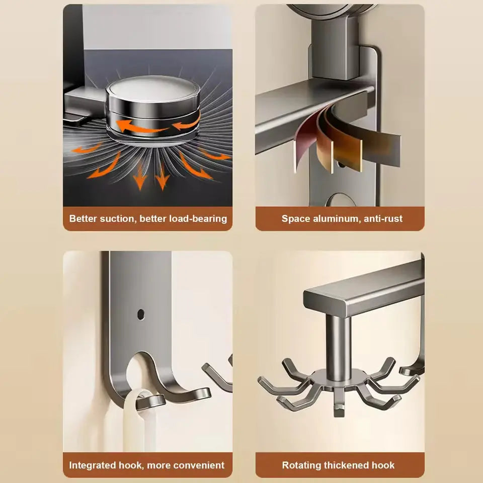 360° Swivel Wall Hangers Kitchen 10 Piece Hooks Rack No-Punching Kitchen Utensils Shovel Chopping Board Storage Stainless Steel  Honesty Sales U.K