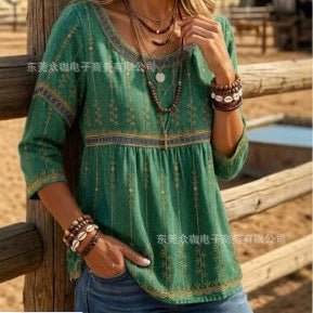 3D Floral Print Summer Crew - neck Three - quarter - length Sleeve Ruffled Top - Honesty Sales