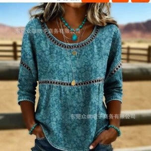 3D Floral Print Summer Crew - neck Three - quarter - length Sleeve Ruffled Top - Honesty Sales
