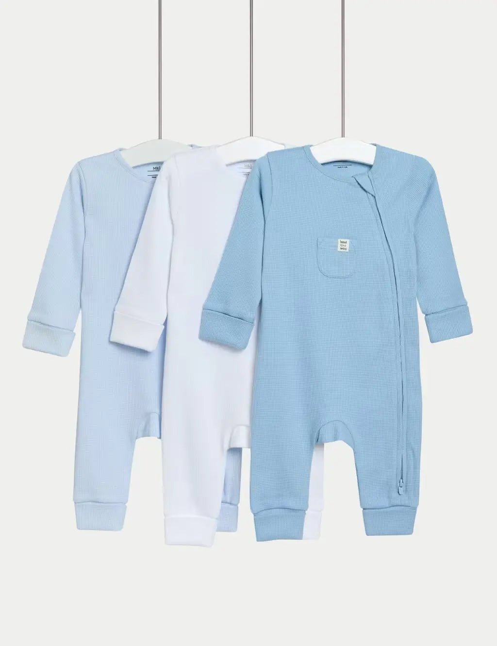 3pk Pure Cotton Waffle Zip Sleepsuits (6½lbs - 3 Yrs) - Honesty Sales