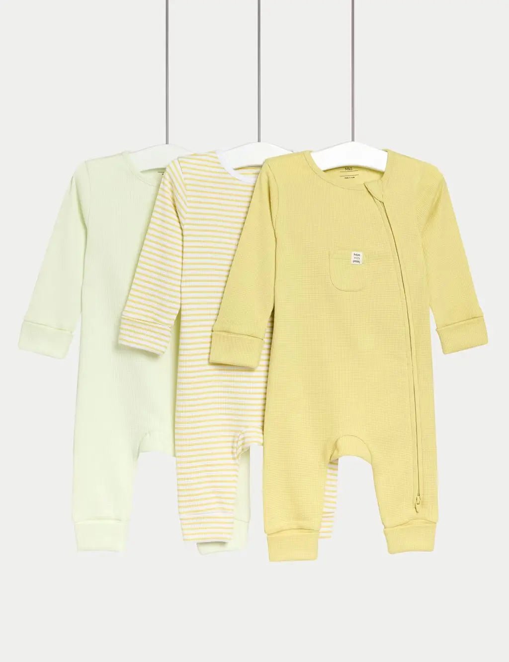 3pk Pure Cotton Waffle Zip Sleepsuits (6½lbs - 3 Yrs) - Honesty Sales