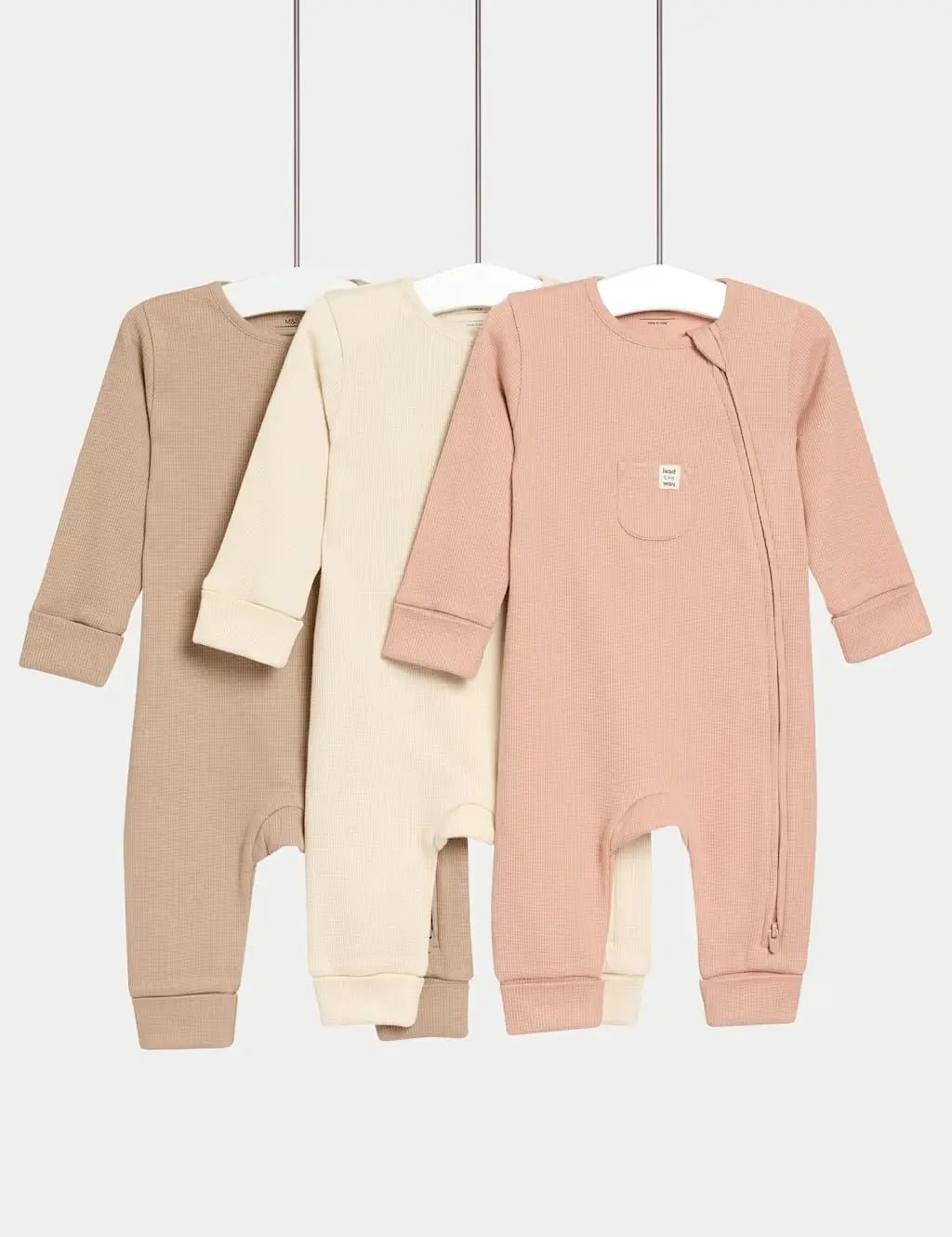 3pk Pure Cotton Waffle Zip Sleepsuits (6½lbs - 3 Yrs) - Honesty Sales