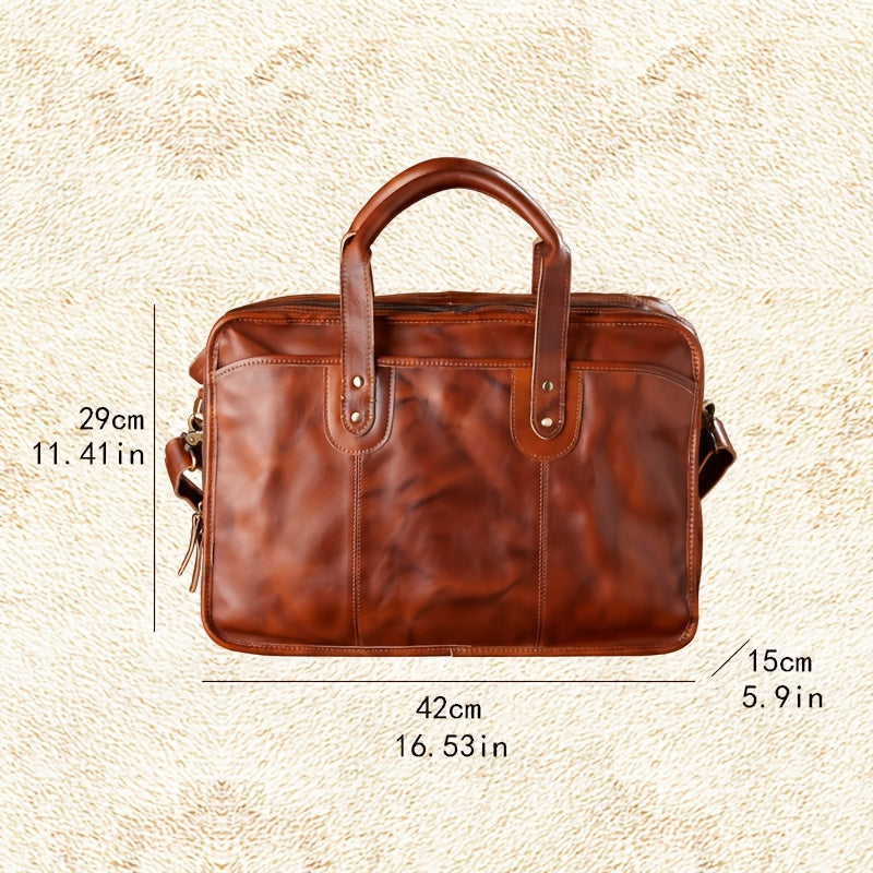 Men’s Genuine Full-Grain Leather Handbag – Hand-Colored Vintage Cowhide Laptop Briefcase (Light Beige) Image secondaire du produit