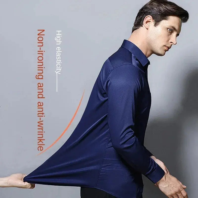 55-105KG Men's long sleeved elastic shirt, non ironing business dress, professional work attire, stand up collar shirt  Honesty Sales U.K