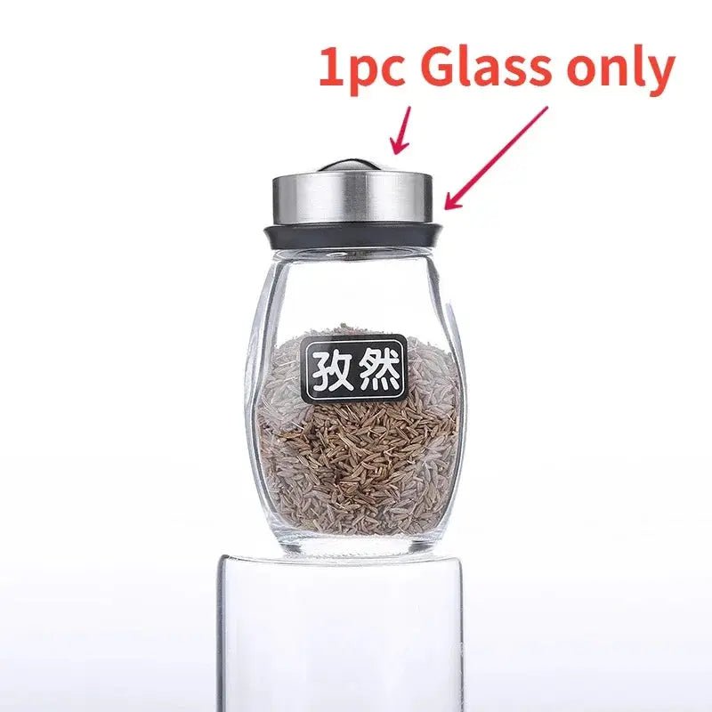 7 - Piece Spice Jar Set with Rotating Rack. Glass Seasoning & Salt Shakers Storage - Honesty Sales