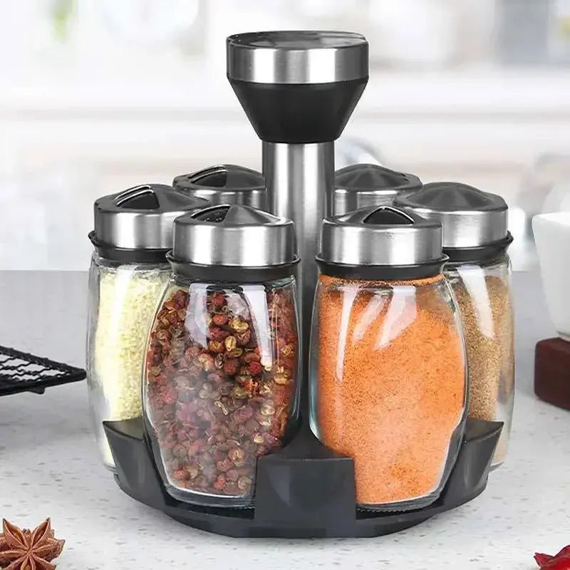 7 - Piece Spice Jar Set with Rotating Rack. Glass Seasoning & Salt Shakers Storage - Honesty Sales