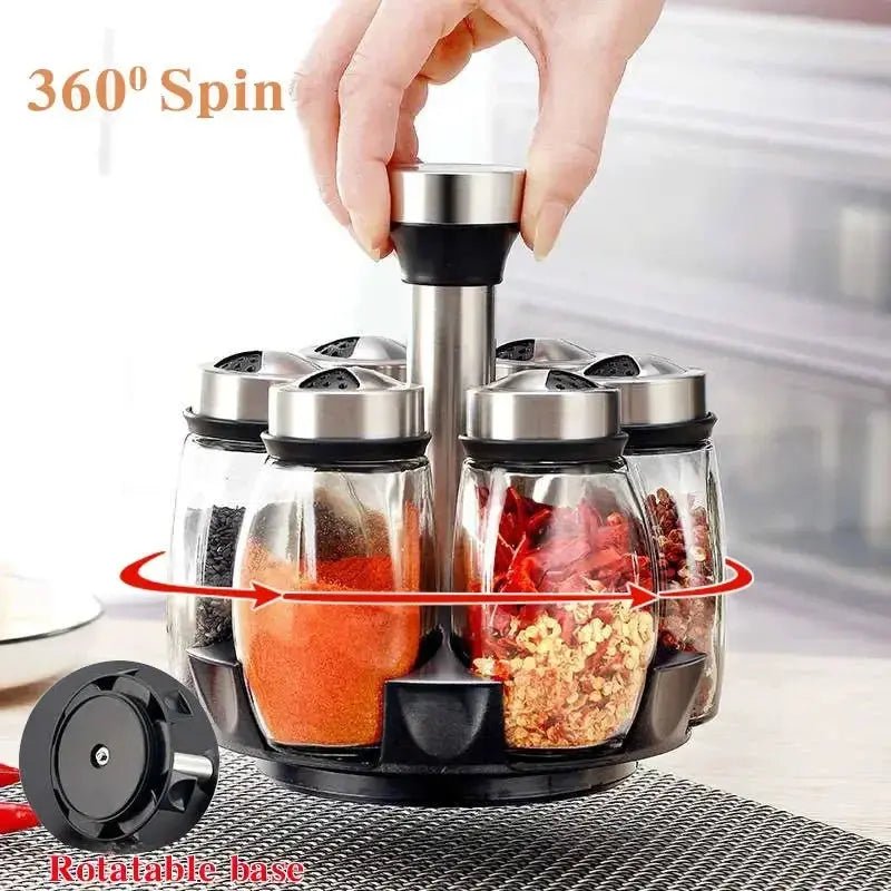 7 - Piece Spice Jar Set with Rotating Rack. Glass Seasoning & Salt Shakers Storage - Honesty Sales
