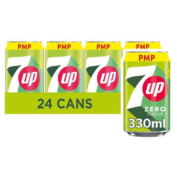 7UP Zero Sugar Free Lemon & Lime Can PMP 330ml (24 x 330ml) - Honesty Sales