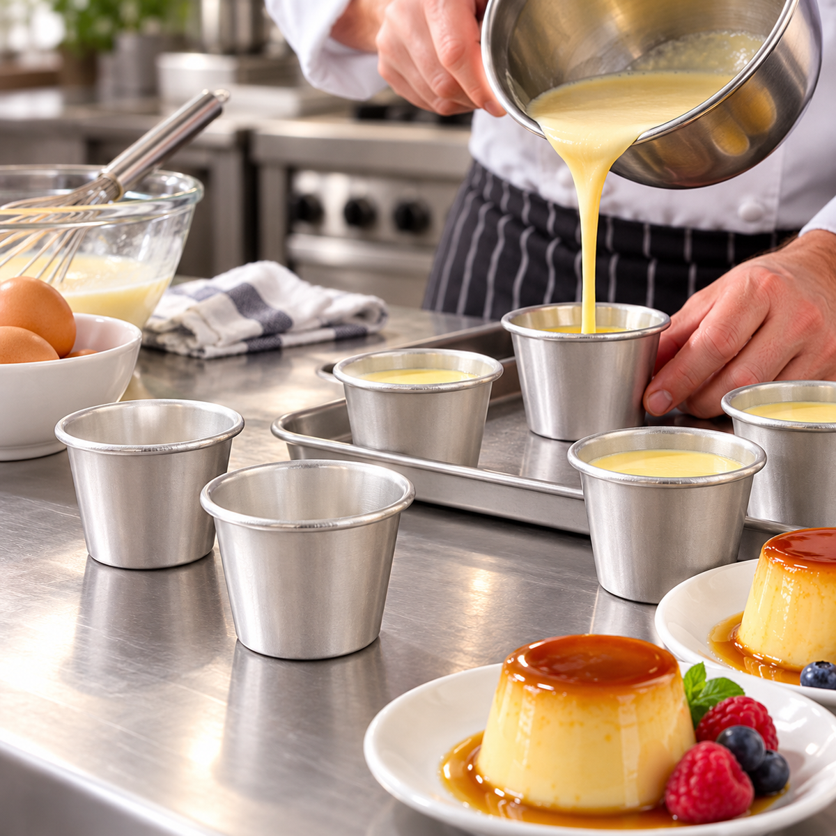 Aluminium dariole moulds in a professional pastry kitchen