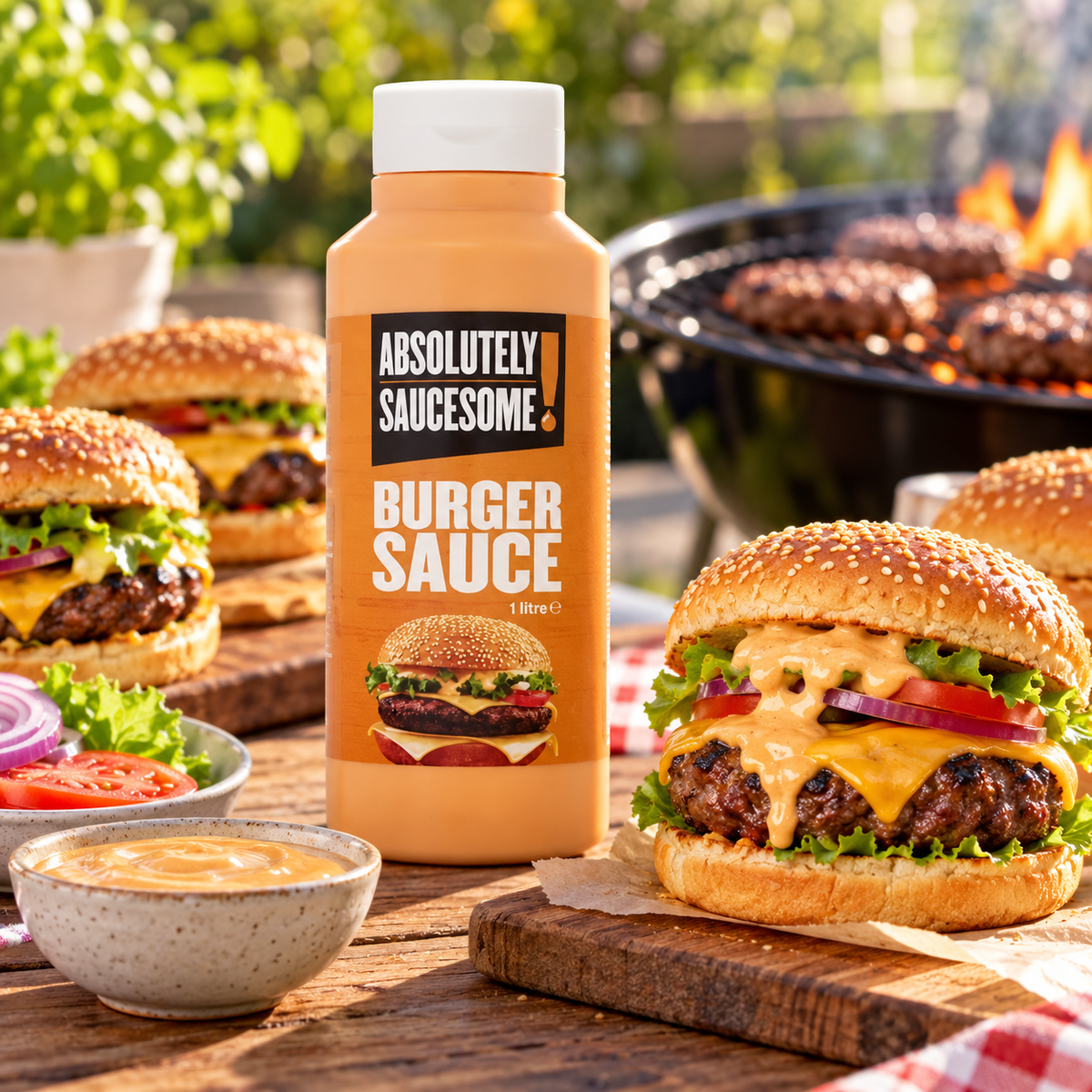 Burger sauce alongside a grilled burger