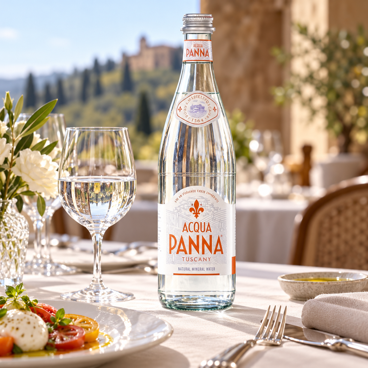 Acqua Panna mineral water on a restaurant table