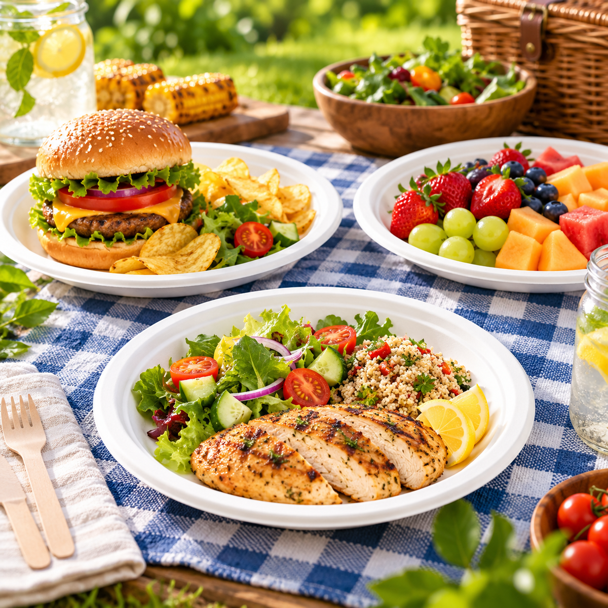 Compostable bagasse plates set for a family picnic