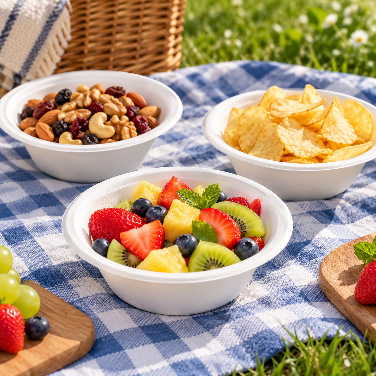 Compostable bagasse bowls serving snacks and fruit at a picnic