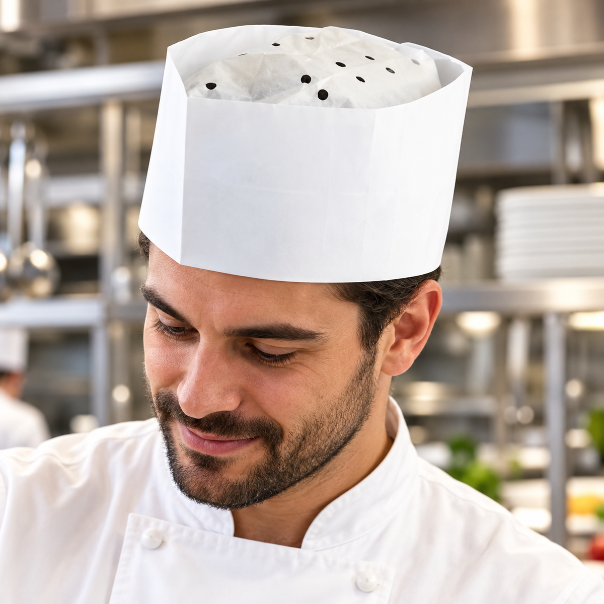 Disposable chef hat worn by a chef in a commercial kitchen