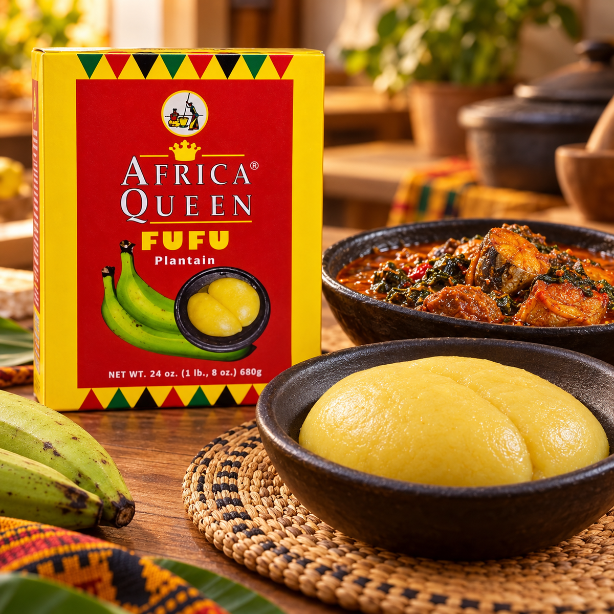African Queen plantain fufu flour with prepared fufu and stew
