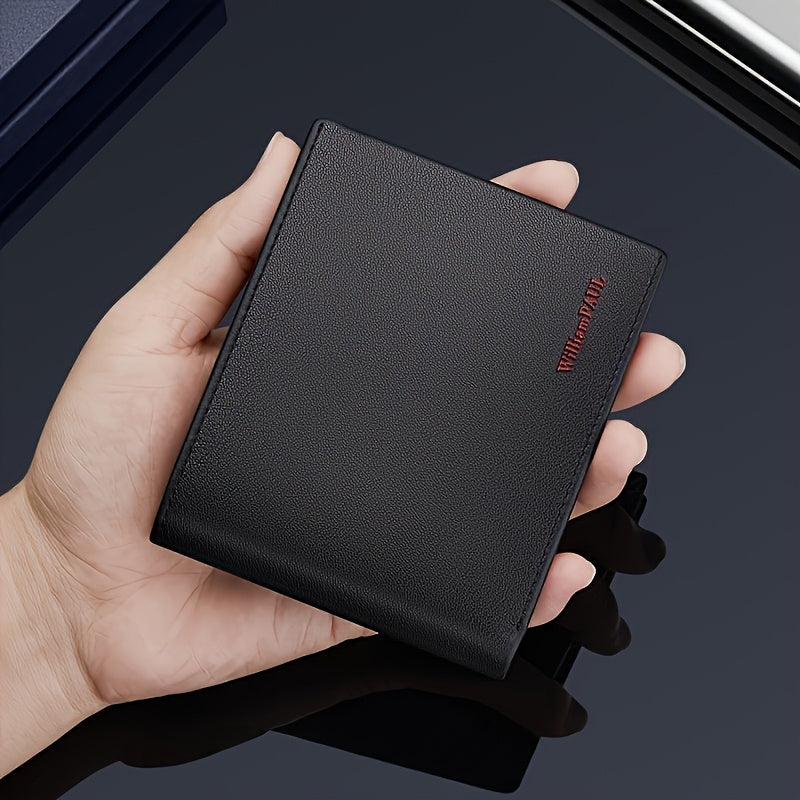 Customizable Men’s Genuine Leather Wallet – Minimalist Design with Red Stitching, Multi-Card & ID Holder Image principale du produit