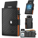 Men’s Slim RFID Wallet – Pop-Up Card Holder, 10-Slot Credit Card Case with Coin Pocket & Window, Carbon Fiber Money Clip (Black, 10.5×8.5×2.8cm)