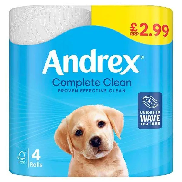 Andrex Complete Clean Toilet Tissues 4 Rolls PMP £2.99 (Case of 6) - Honesty Sales U.K Image principale du produit