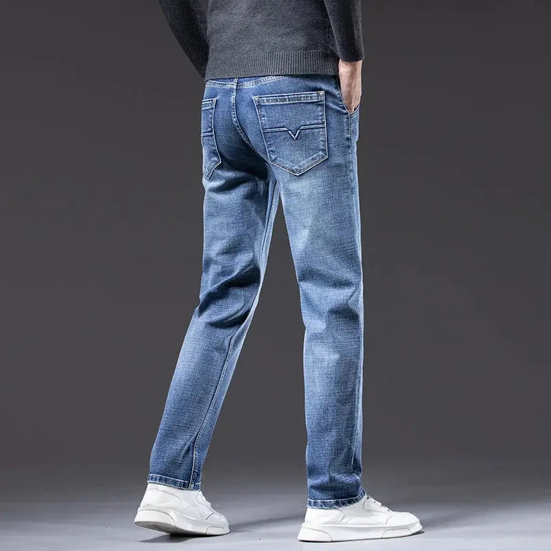 Autumn Winter New Men's Light Business Loose Jeans Classic Fashion Casual Stretch Straight Denim Trousers Blue Gray Male Dropshipman