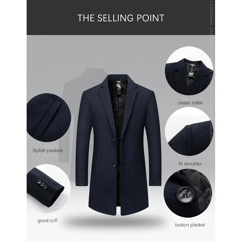 BROWON Men’s Winter Wool Overcoat – Elegant Smart Casual, Navy Zweitbild