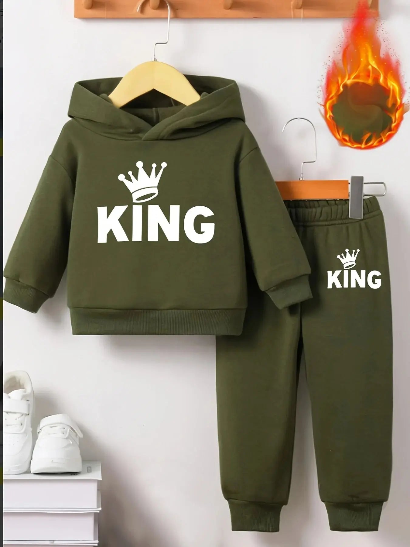 Baby Boy KING Crown Pattern Fleece Hoodie+Casual Pants Two Piece Set Spring and Autumn Sportswear - Honesty Sales