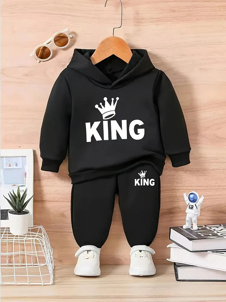 Baby Boy KING Crown Pattern Fleece Hoodie+Casual Pants Two Piece Set Spring and Autumn Sportswear - Honesty Sales
