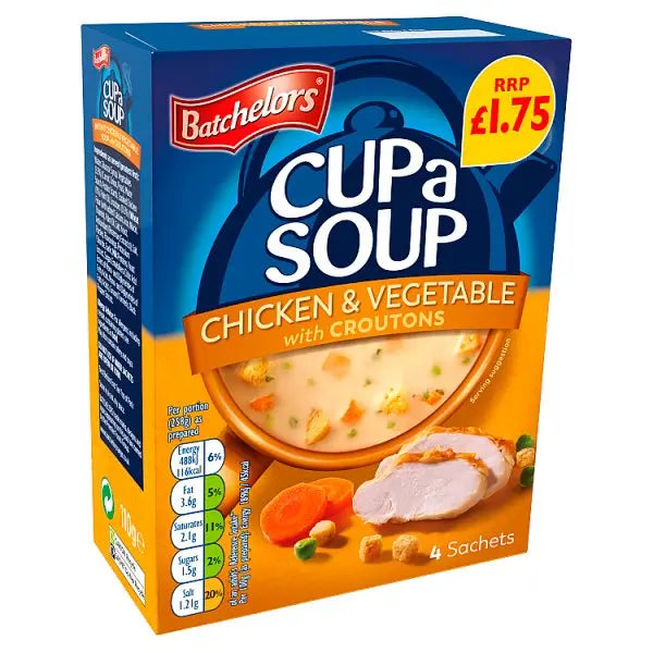 Batchelors Cup a Soup Chicken & Vegetable with Croutons 4 Instant Soup Sachets 110g (Case of 9)  Honesty Sales U.K