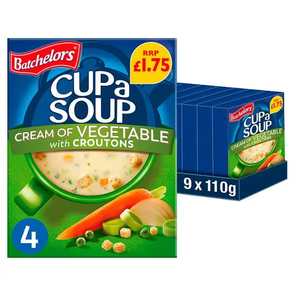 Batchelors Cup a Soup Cream of Vegetable 4 Instant Soup Sachets 122g (Case of 9)  Honesty Sales U.K