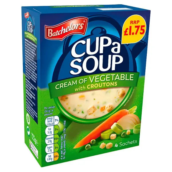 Batchelors Cup a Soup Cream of Vegetable 4 Instant Soup Sachets 122g (Case of 9)  Honesty Sales U.K