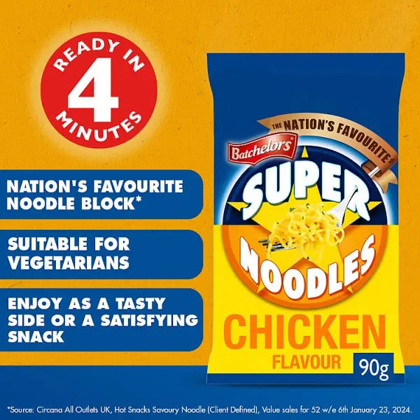 Batchelors Super Noodles Chicken & Mushroom Flavour Noodle Block 90g (Case of 8)  Honesty Sales U.K