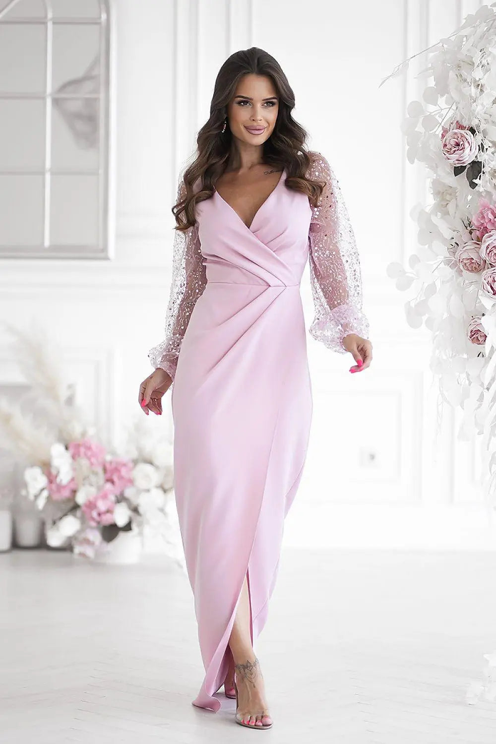 Bicotone sequin sleeves evening dress - Honesty Sales