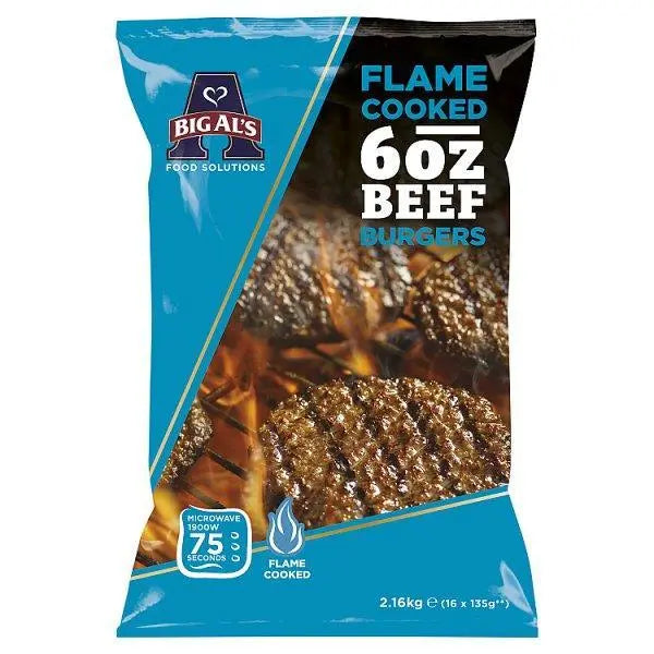 Big Als Flame Cooked 6oz Beef Burgers 16 x 135g (2.16kg) - Honesty Sales Main image