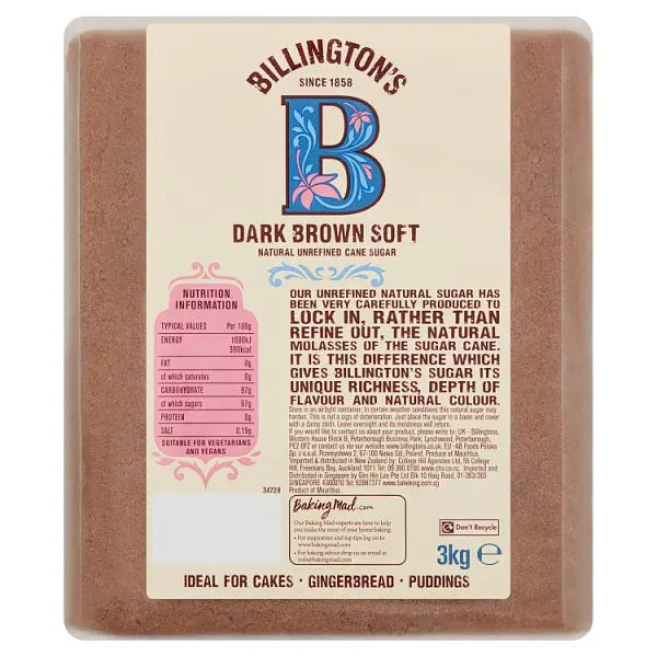 Billington's Dark Brown Soft Natural Unrefined Cane Sugar 3kg Billington's